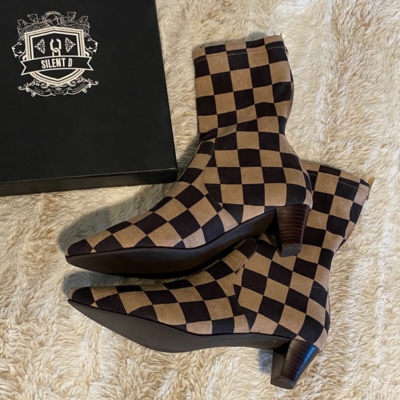 Silent D Tintil Checkered Heeled Boots - Brown and Black - Picture 1 of 7